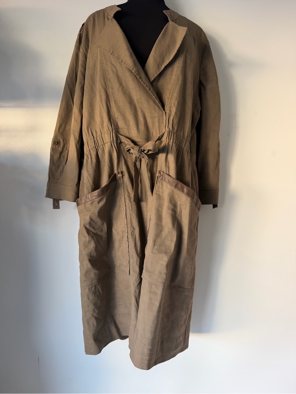 Elie Tahari Khaki/Tan Trench Style Long Sleeve Linen Dress SZ 16 Casual Workwear